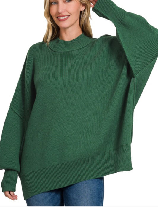 Side Slit Oversized Sweater Dk Green