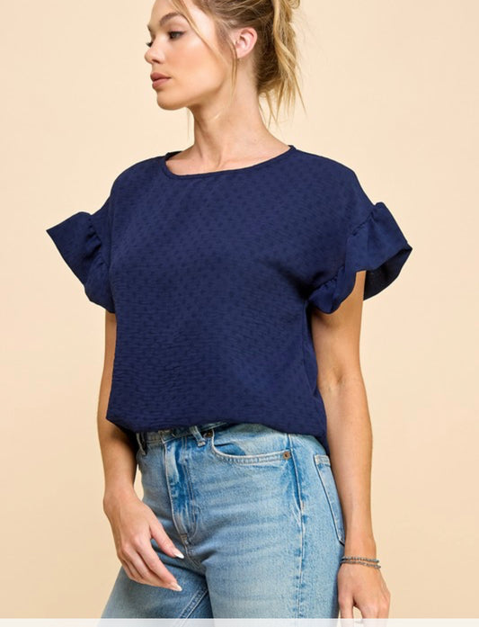 Textured Ruffle Sleeve Top Navy
