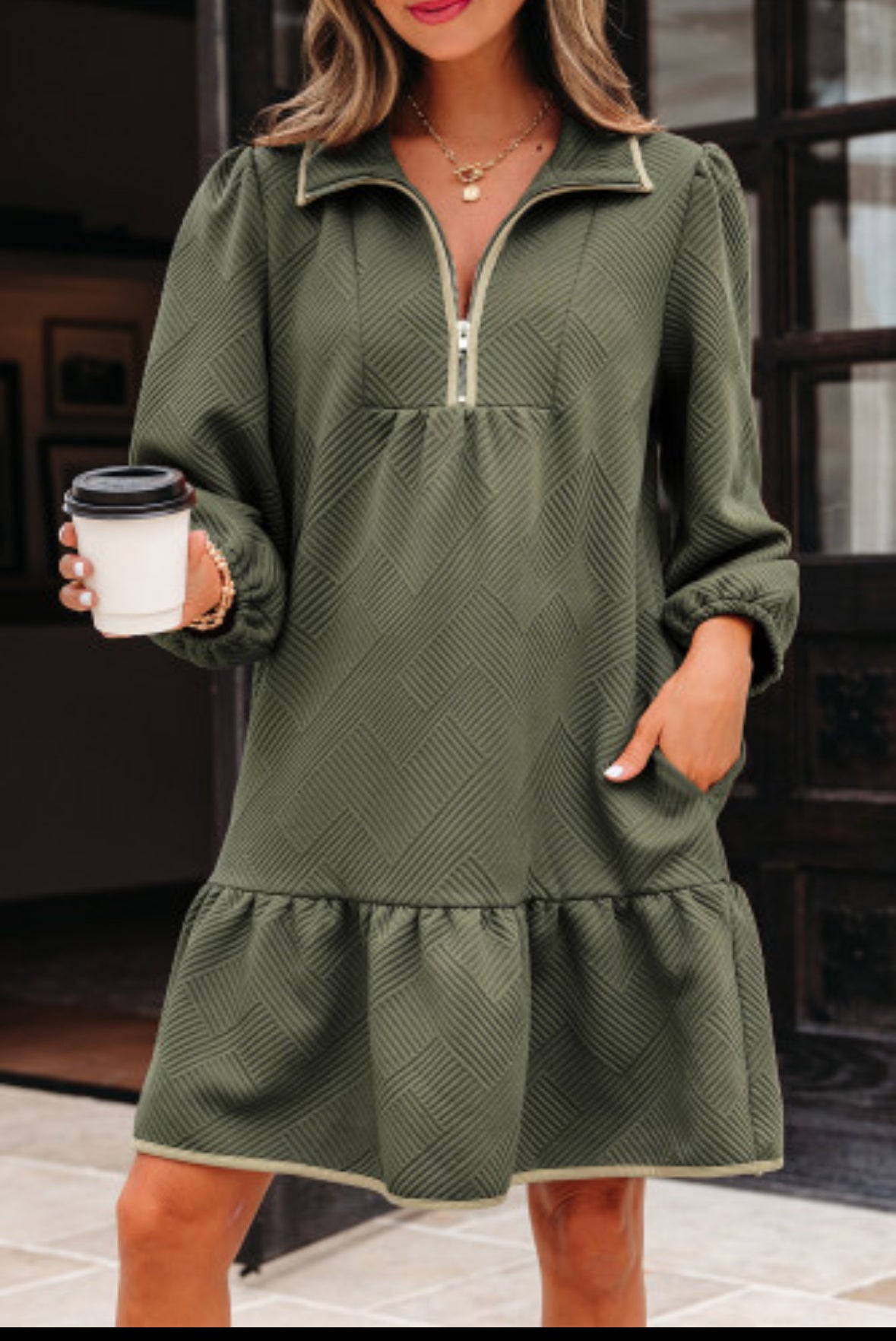 Quarter Zip Collard Dress Green