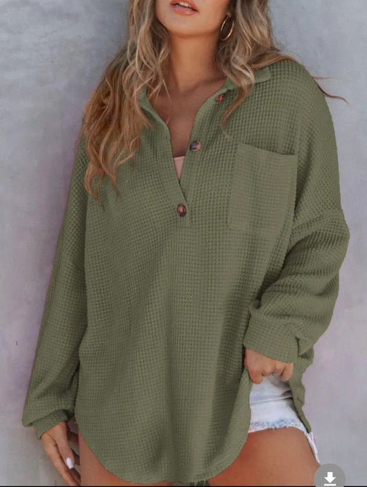 Waffle Knit Button Top Green