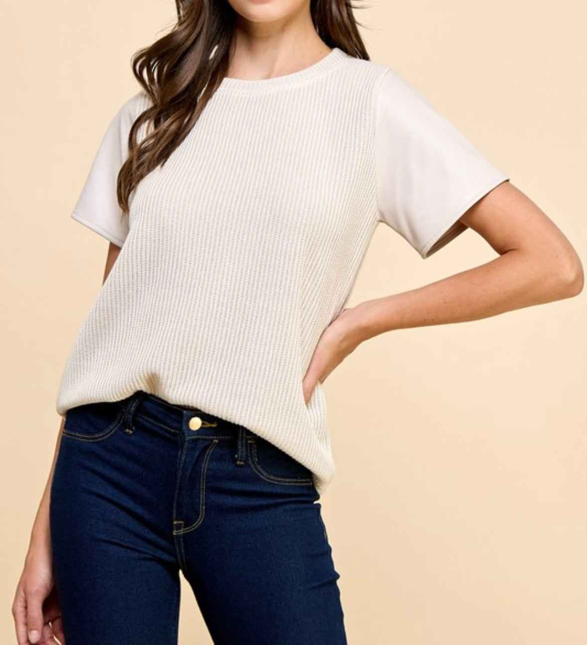 Solid Knit Top w/ faux leather sleeves Stone