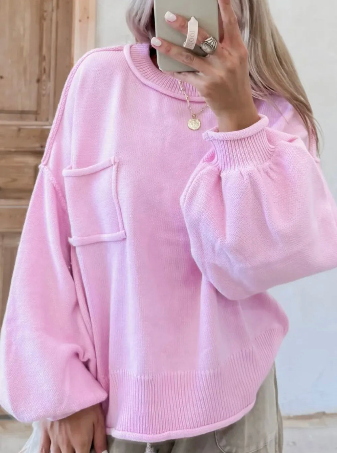 Roll Hem Balloon Sleeve Sweater- Pink