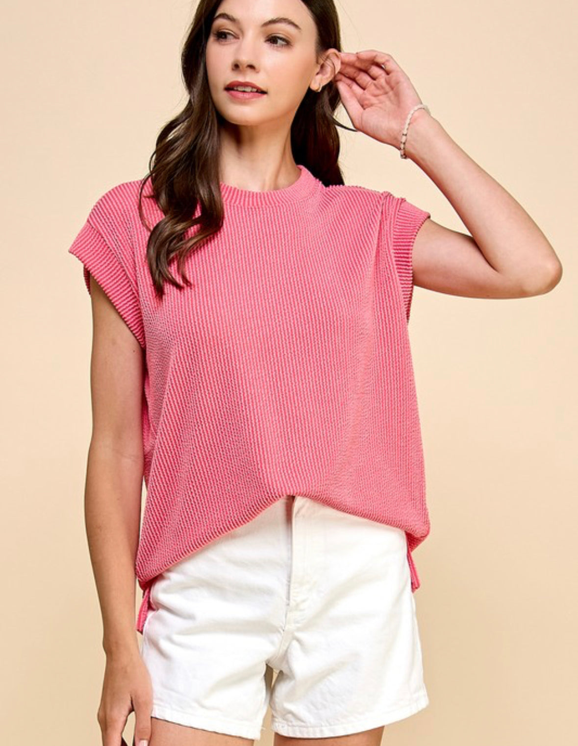 Ribbed Short Sleeve Top Coral