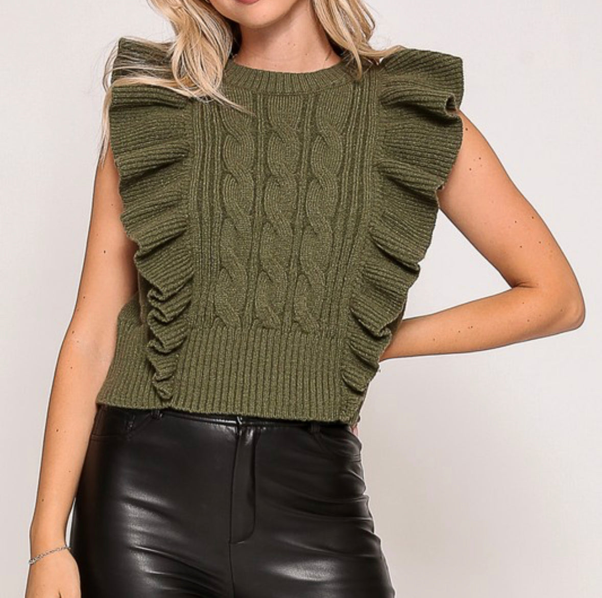 Ruffle Sleeveless Sweater Olive