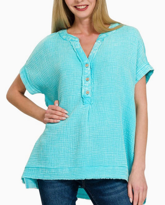Washed Double Gauze Top Mint Sky