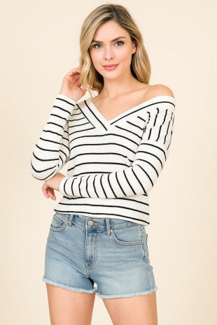 Vneck Stripe Long Sleeve Black White