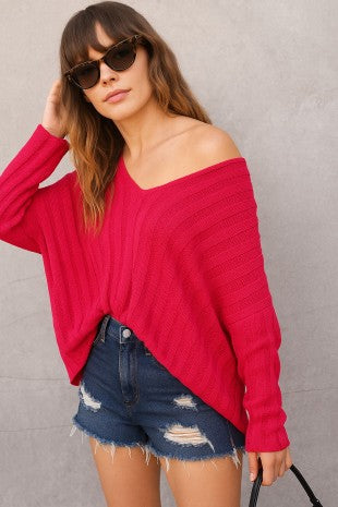 Off the Shoulder Knit Sweater Red