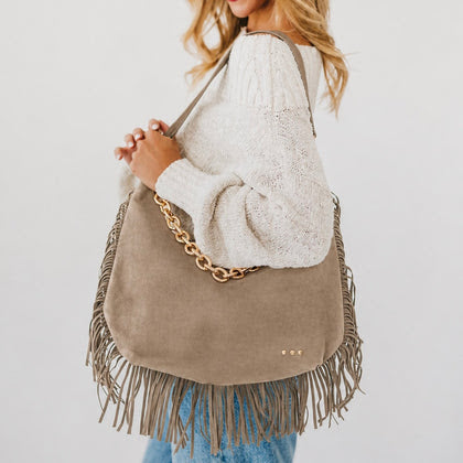 Loretta Suede Fringe Slouchy Bag Taupe