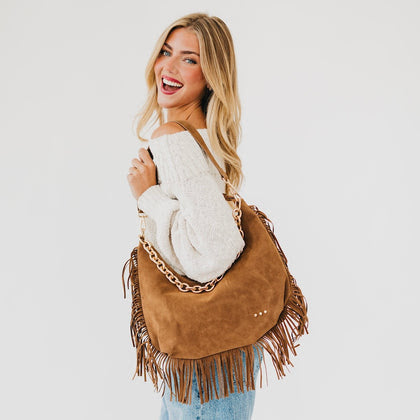 Loretta Suede Fringe Slouchy Bag Camel