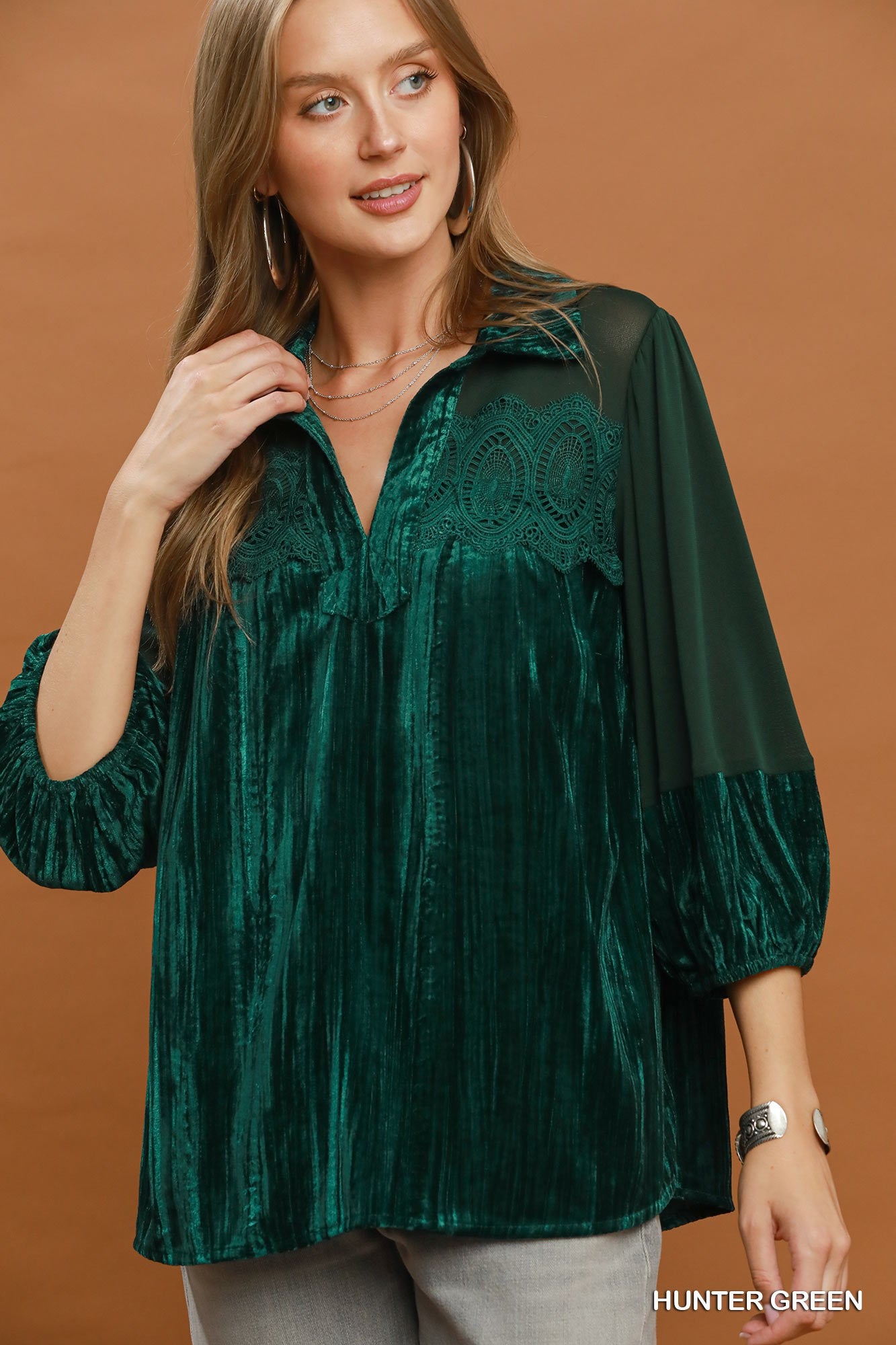 Velvet Lace Detail Top Green