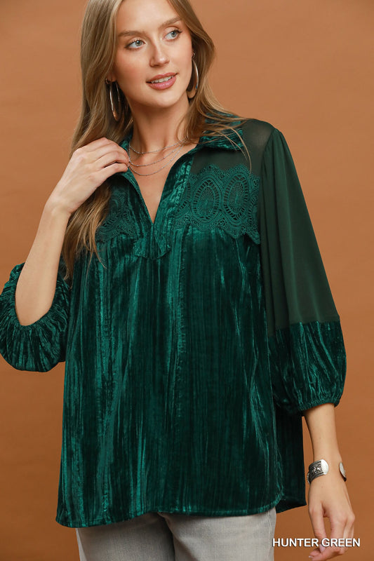Velvet Lace Detail Top Green