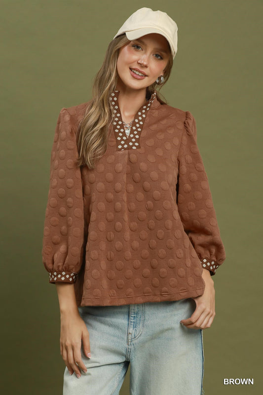 Dot Jacquard Vneck Top w/Polka Dot