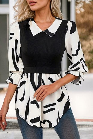 Bubble Sleeve Patterned Blouse Black