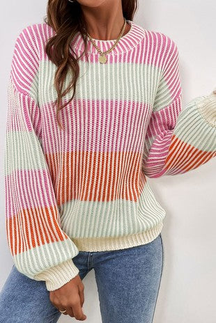 Colorblock Knit bubble sleeve sweater-Pink