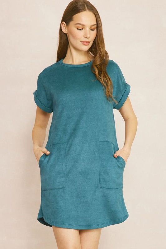 Microfiber Suede Pocket Front Dress -Teal