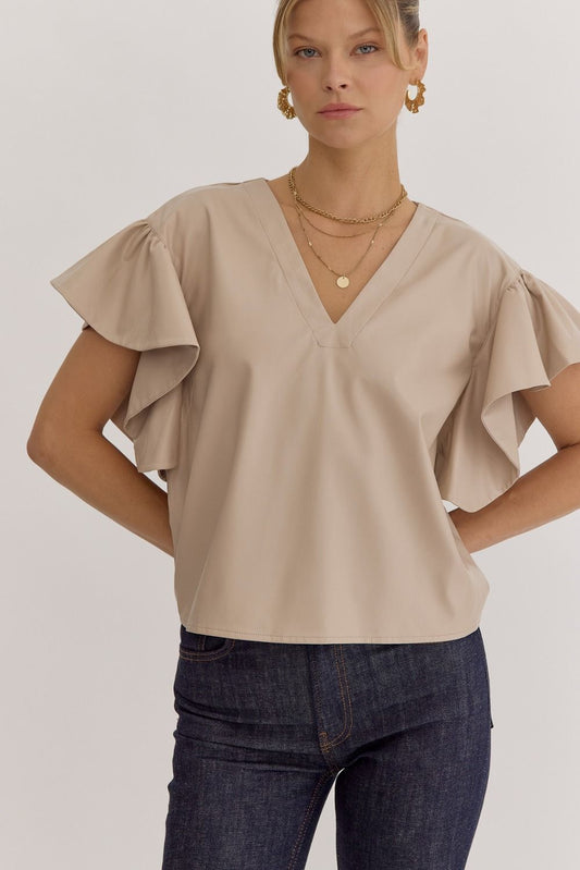 Soft Leather Ruffle Sleeve Top- Ecru