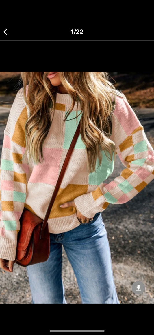 Checkered Sweater Mint/Pink/Camel