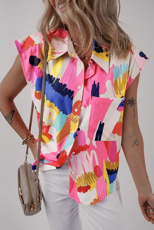 Multi Abstract Print Collard Top