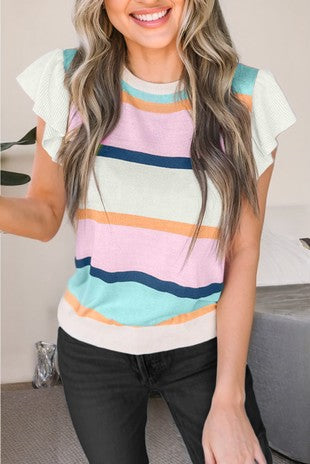 Multi Stripe Ruffle Sleeve Top