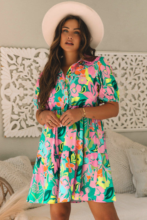 Bright Floral Collared Button Midi Dress