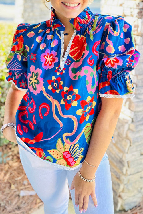 Blue Print Frilled Collar Blouse