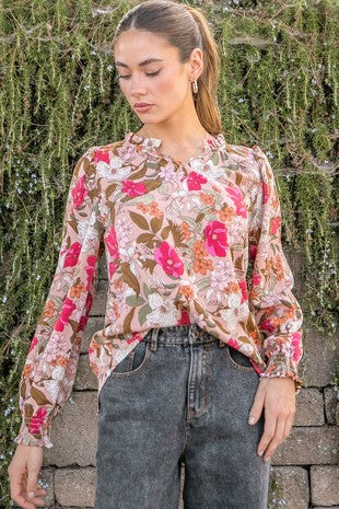 Fall Floral Long Sleeve Top Blush