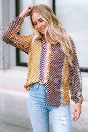 Brown Dot Button Up