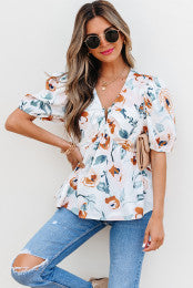 Fall Print Vneck Babydoll Top