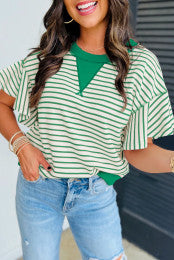 Green Stripe Ruffle Sleeve Top