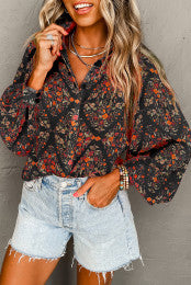 Black Floral Button Down Sheer Long sleeve