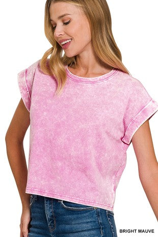 Mineral Wash Folded Sleeve Tee-Lavender