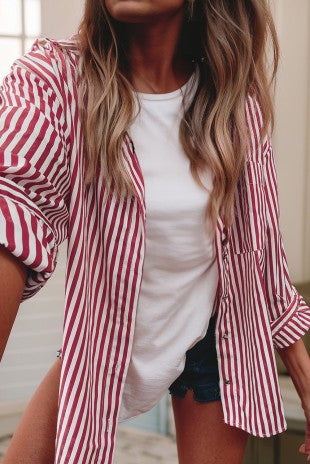 Red Stripe Button Up Blouse