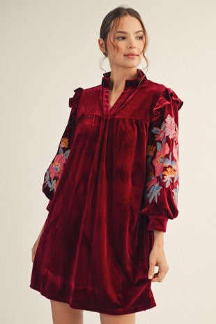 Velvet Floral Sleeve Dress Maroon