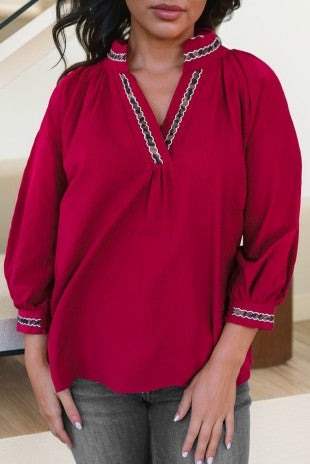 Red Split Neck Top Contrast Leopard trim