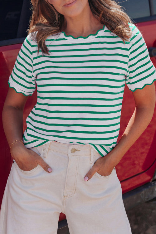 Green/White Stripe Scallop Detail Top