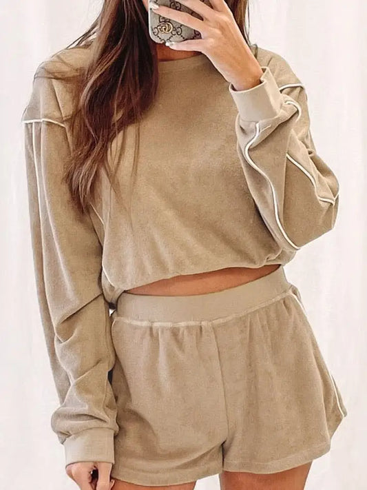 Piping Trim Terry Long Sleeve Shorts Set