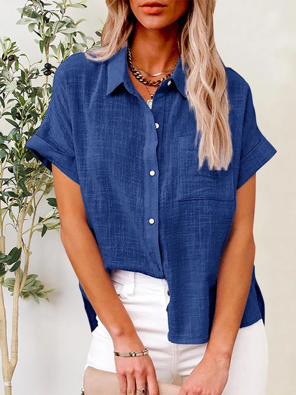 Short Sleeve Button up Royal Linen