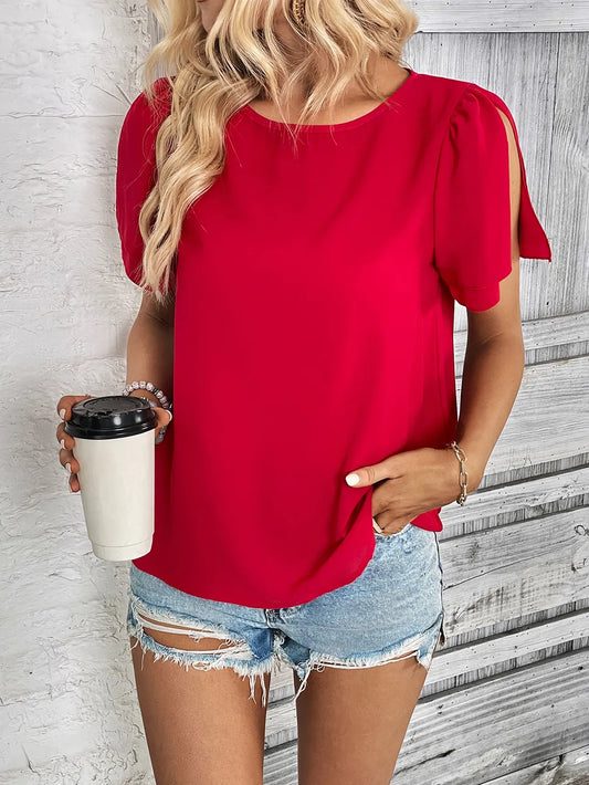 Slit Short Sleeve Top Red