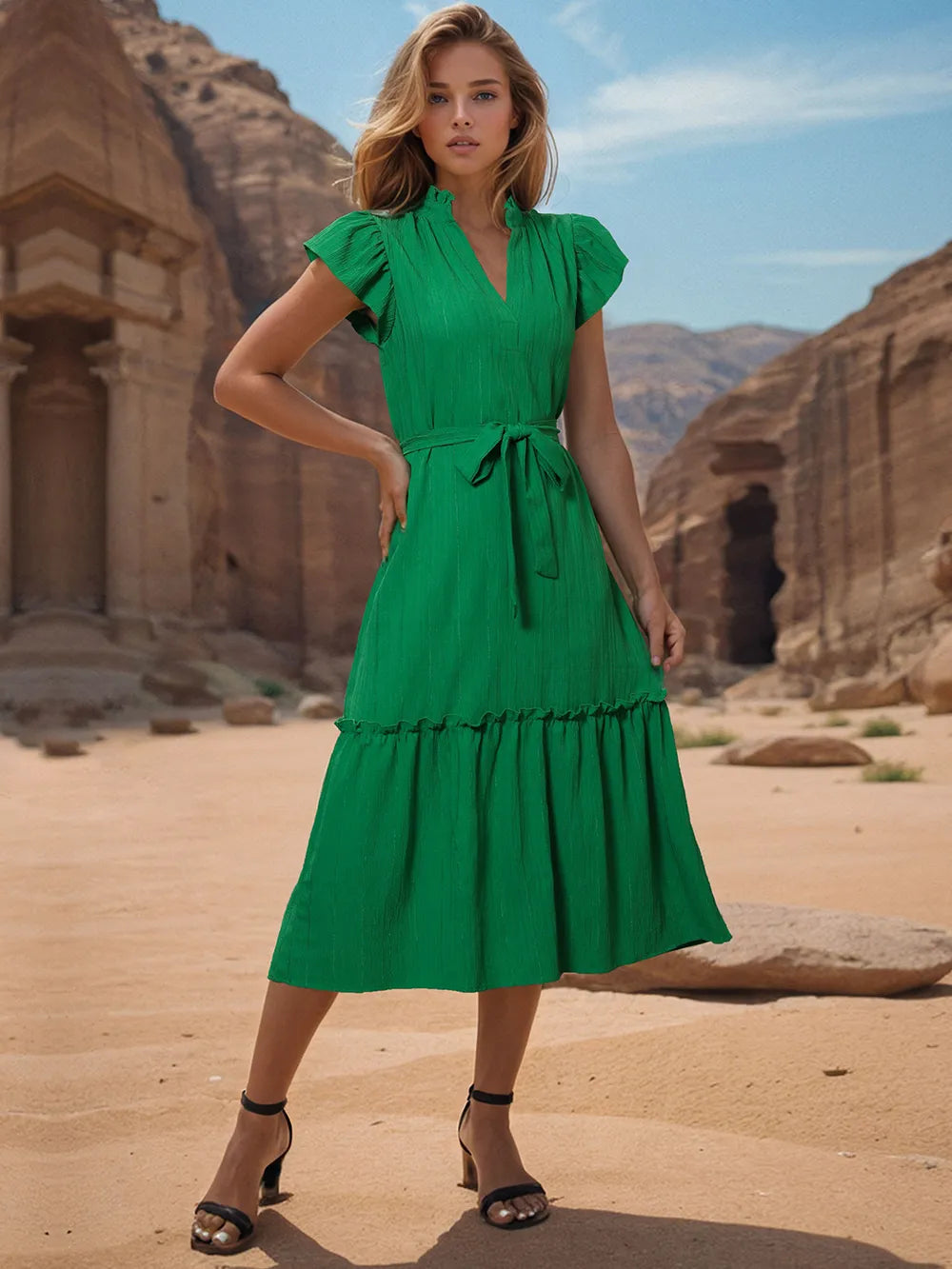 Tied Notched Dress - Green