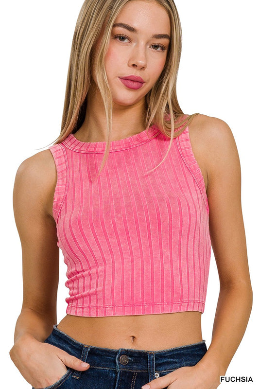 Zenana Acid Wash Cropped Tank - Fushia