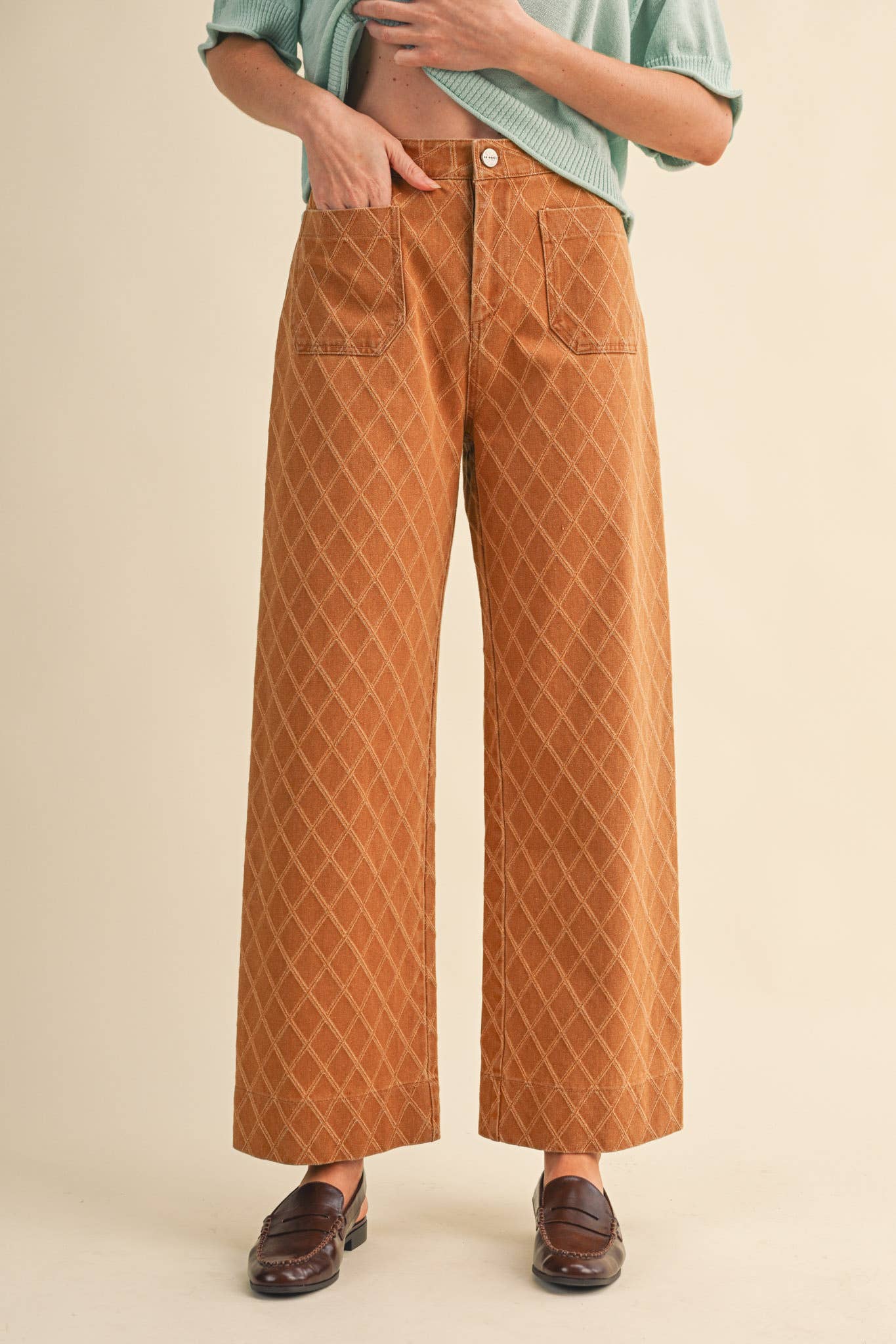 HIGH WAIST DIAMOND QUILTED TEXTURE WIDE LEG PANTS