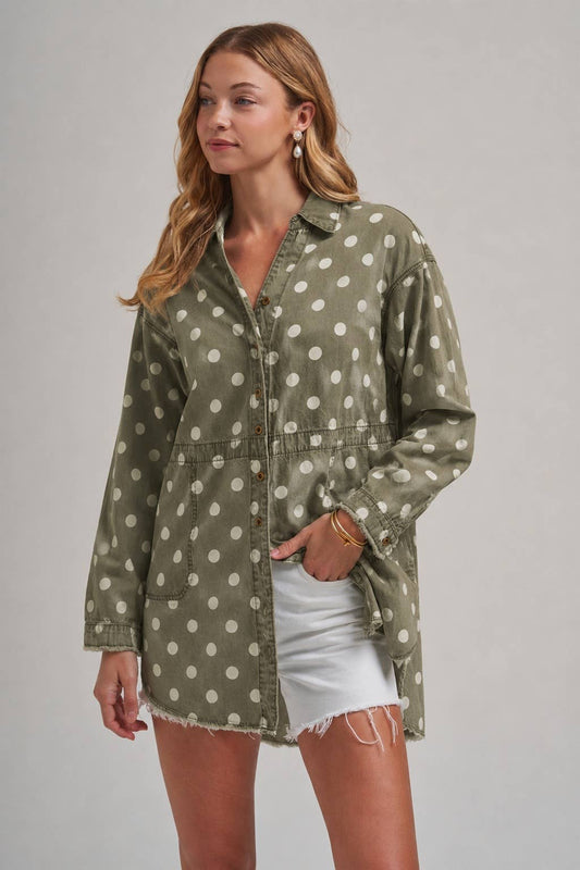 POLKA DOT FALL CHAMBRAY SHIRT TOP WITH POCKETS AND FRAYED ED