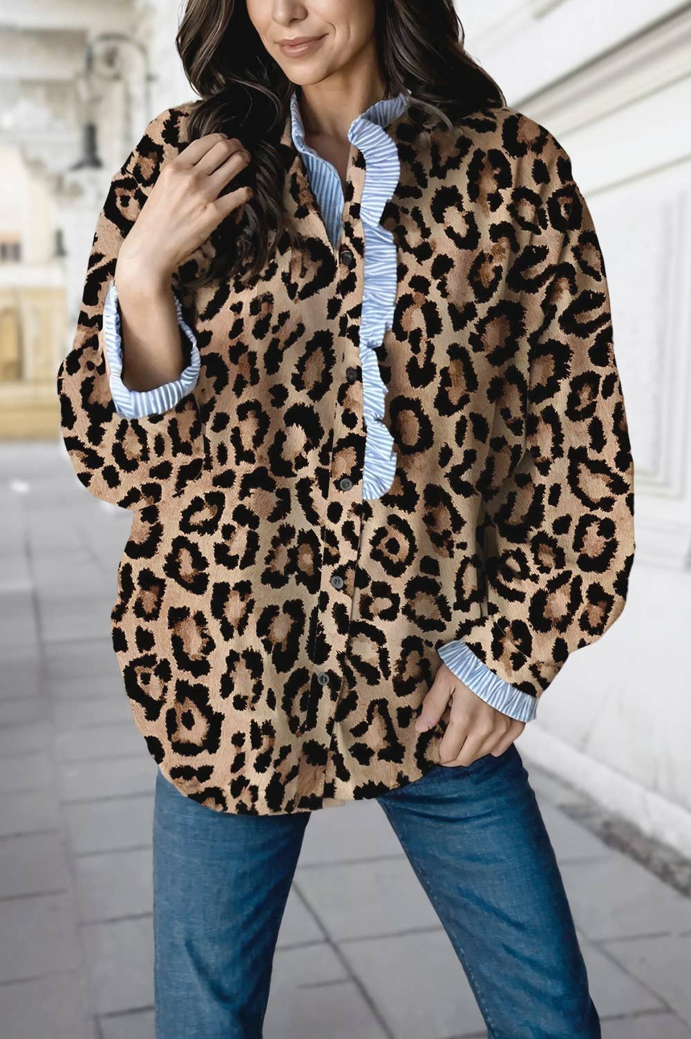 Leopard Ruffle Hem Long Sleeve Blouse