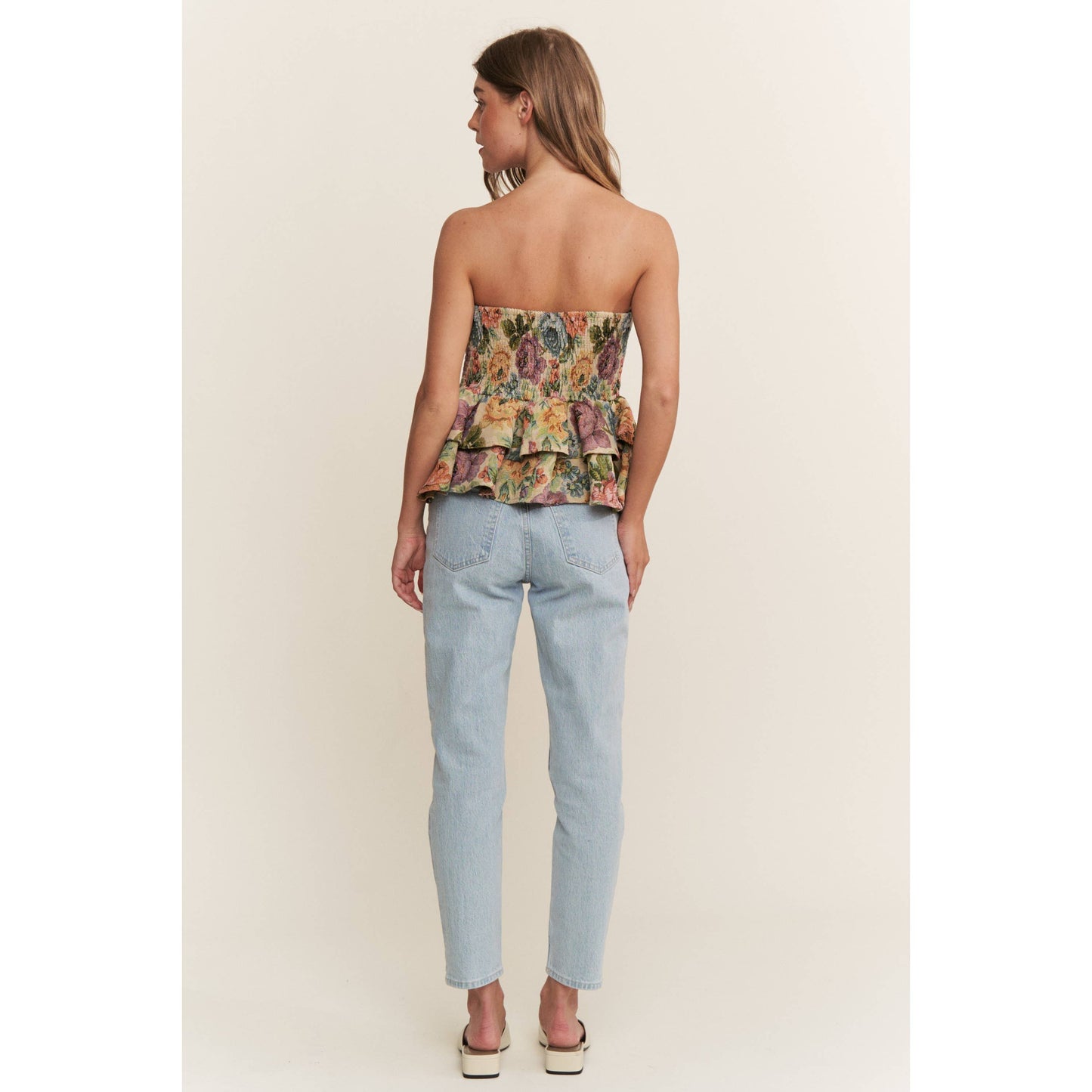 VINTAGE FLORAL PRINT WOVEN PEPLUM TIERED TUBE TOP