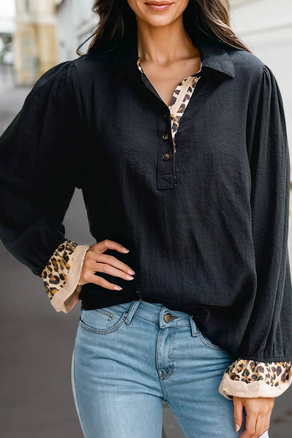 Chic Black Leopard Trim Long Sleeve Top | S-XL