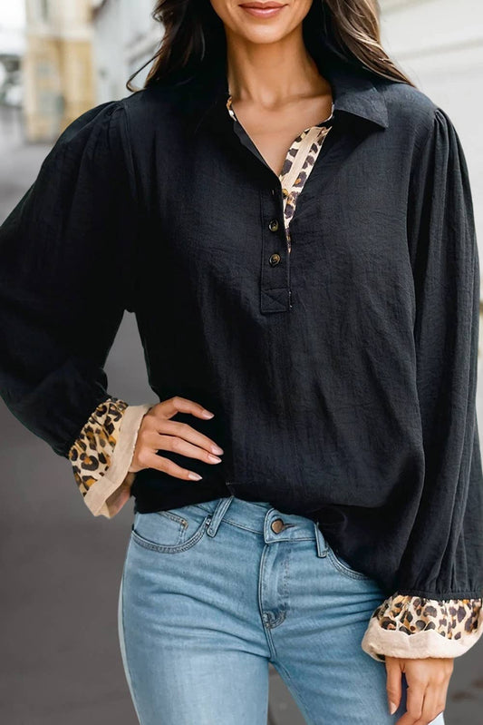 Chic Black Leopard Trim Long Sleeve Top | S-XL