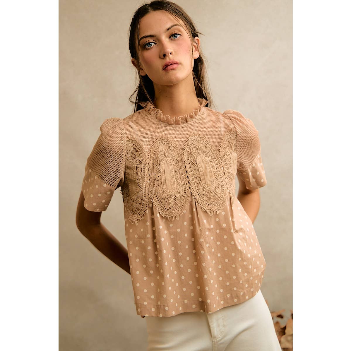 POLKA DOT PRINT LACE TRIM SHORT SLEEVES COTTON BLOUSE TOP
