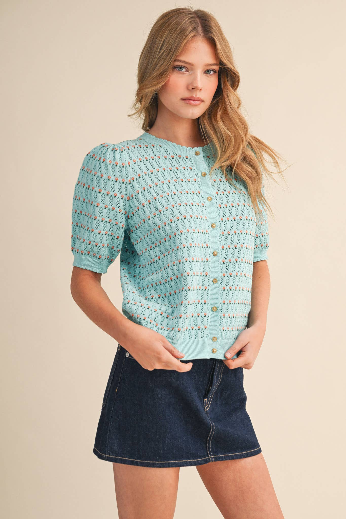 POINTELLE SHORT PUFF SLEEVE BUTTON DOWN SWEATER MSW11254