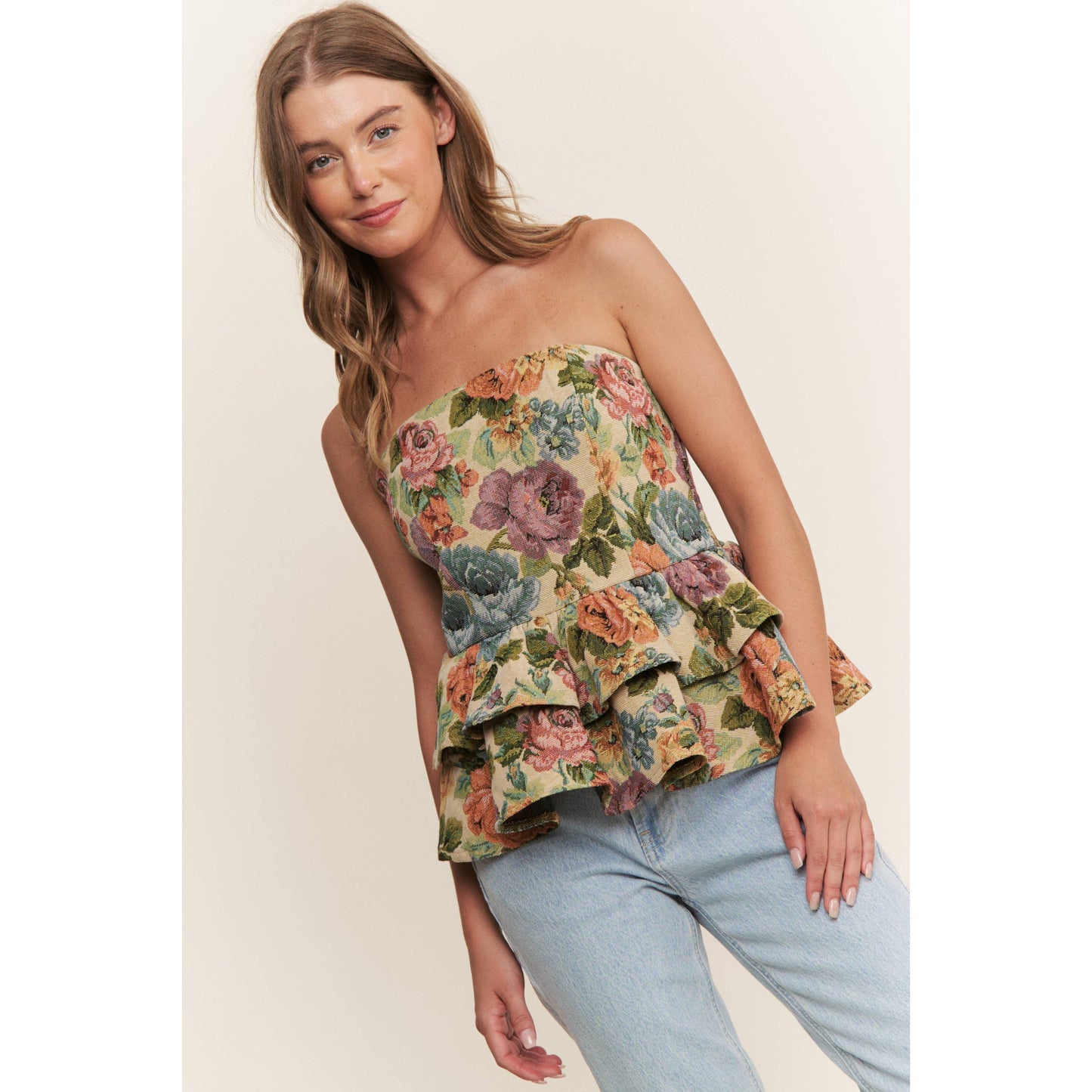VINTAGE FLORAL PRINT WOVEN PEPLUM TIERED TUBE TOP