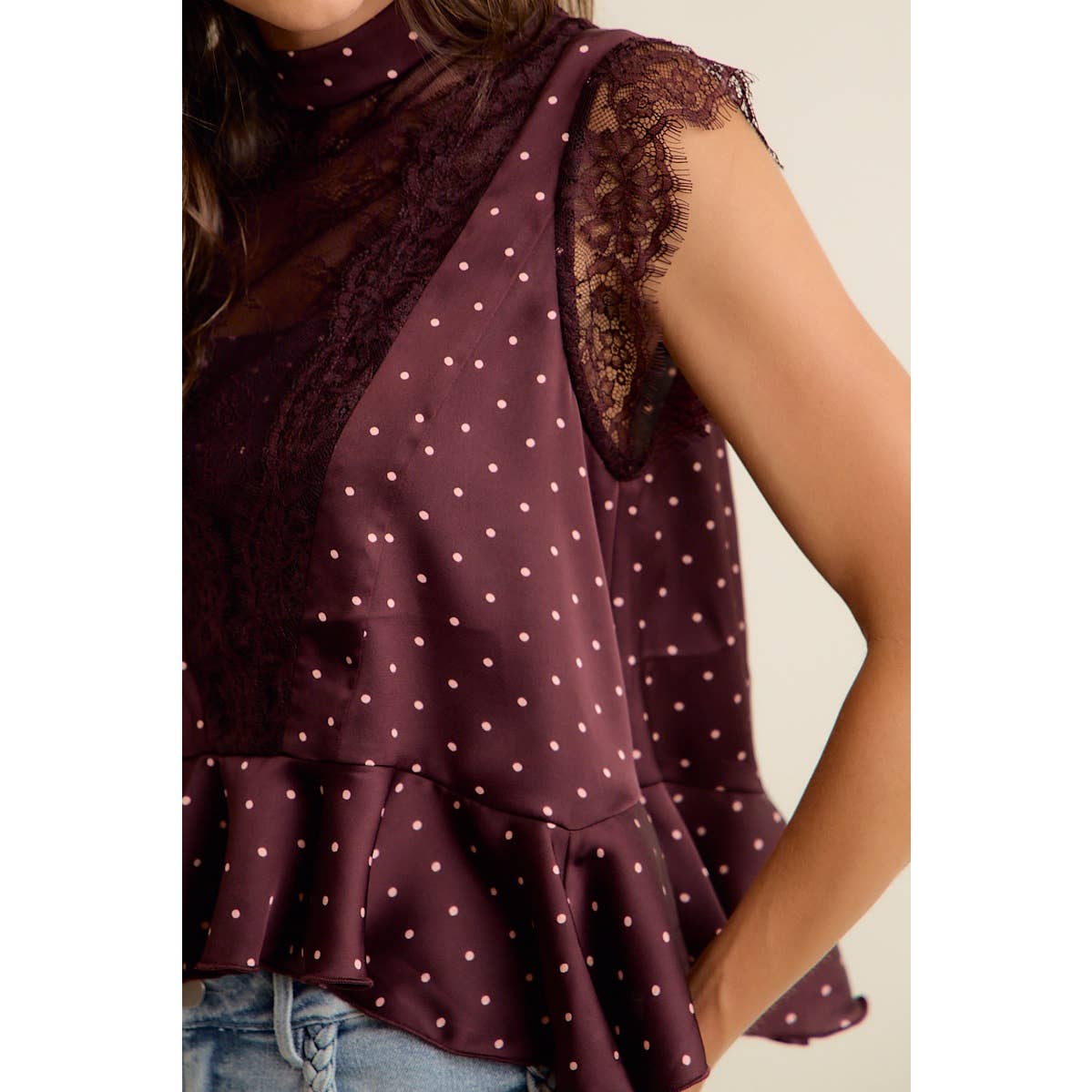 POLKA DOT LACE TRIM RUFFLED NECK BLOUSE